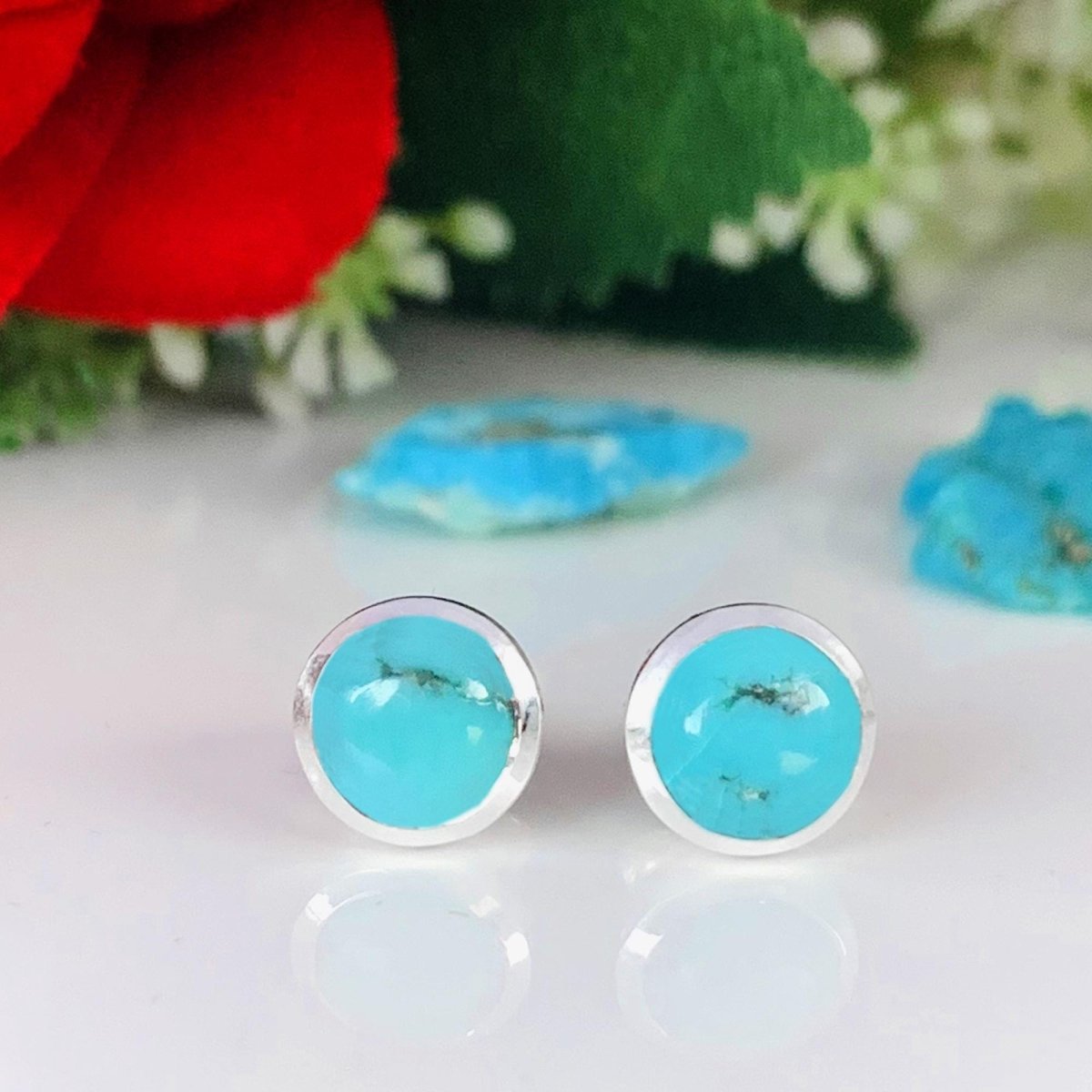 Blue Turquoise Round Stud Earrings in 925 Sterling Silver Dainty Jewelry - BeadsBoatInc