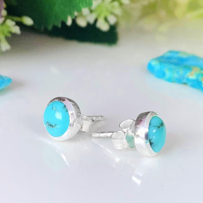 Blue Turquoise Round Stud Earrings in 925 Sterling Silver Dainty Jewelry - BeadsBoatInc