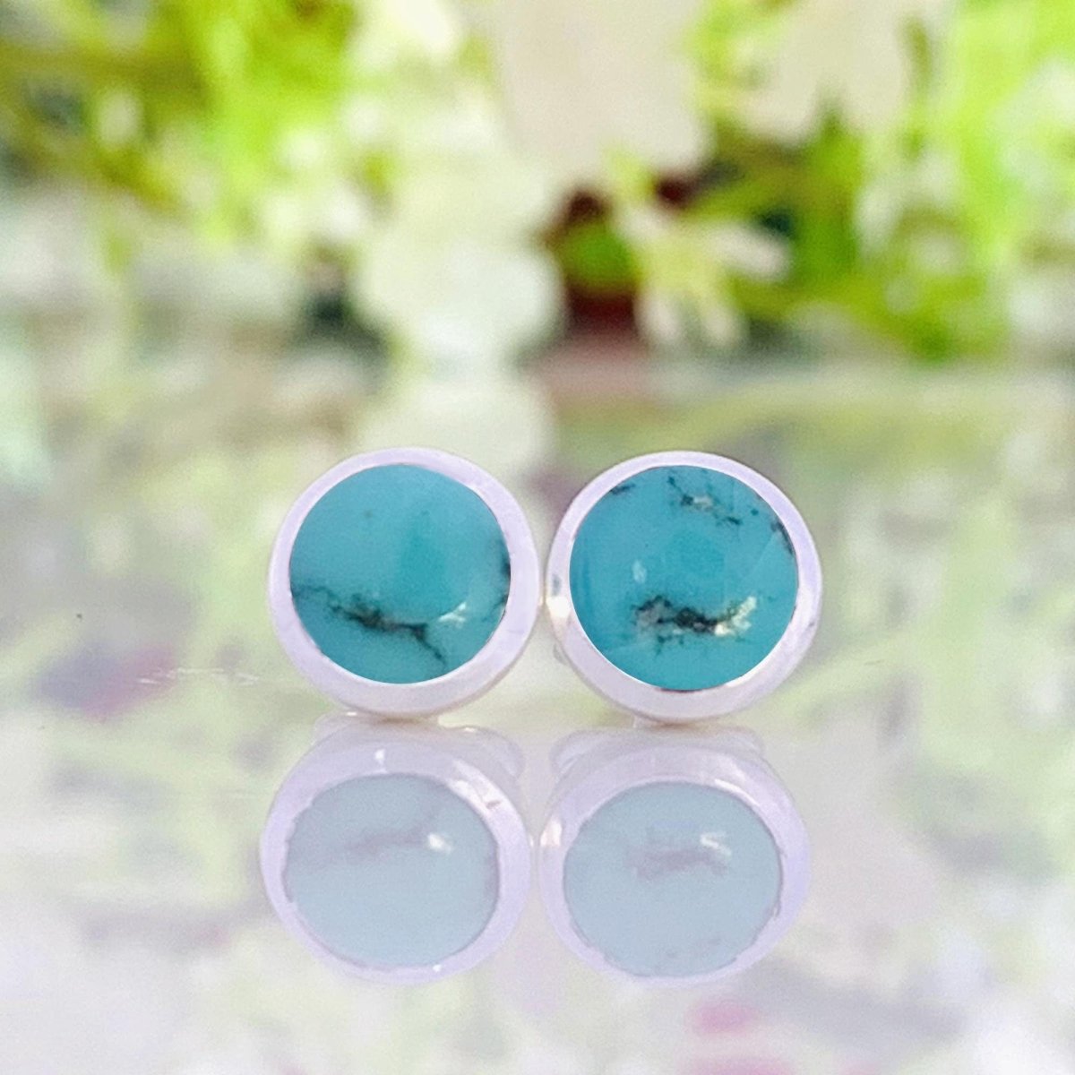 Blue Turquoise Round Stud Earrings in 925 Sterling Silver Dainty Jewelry - BeadsBoatInc