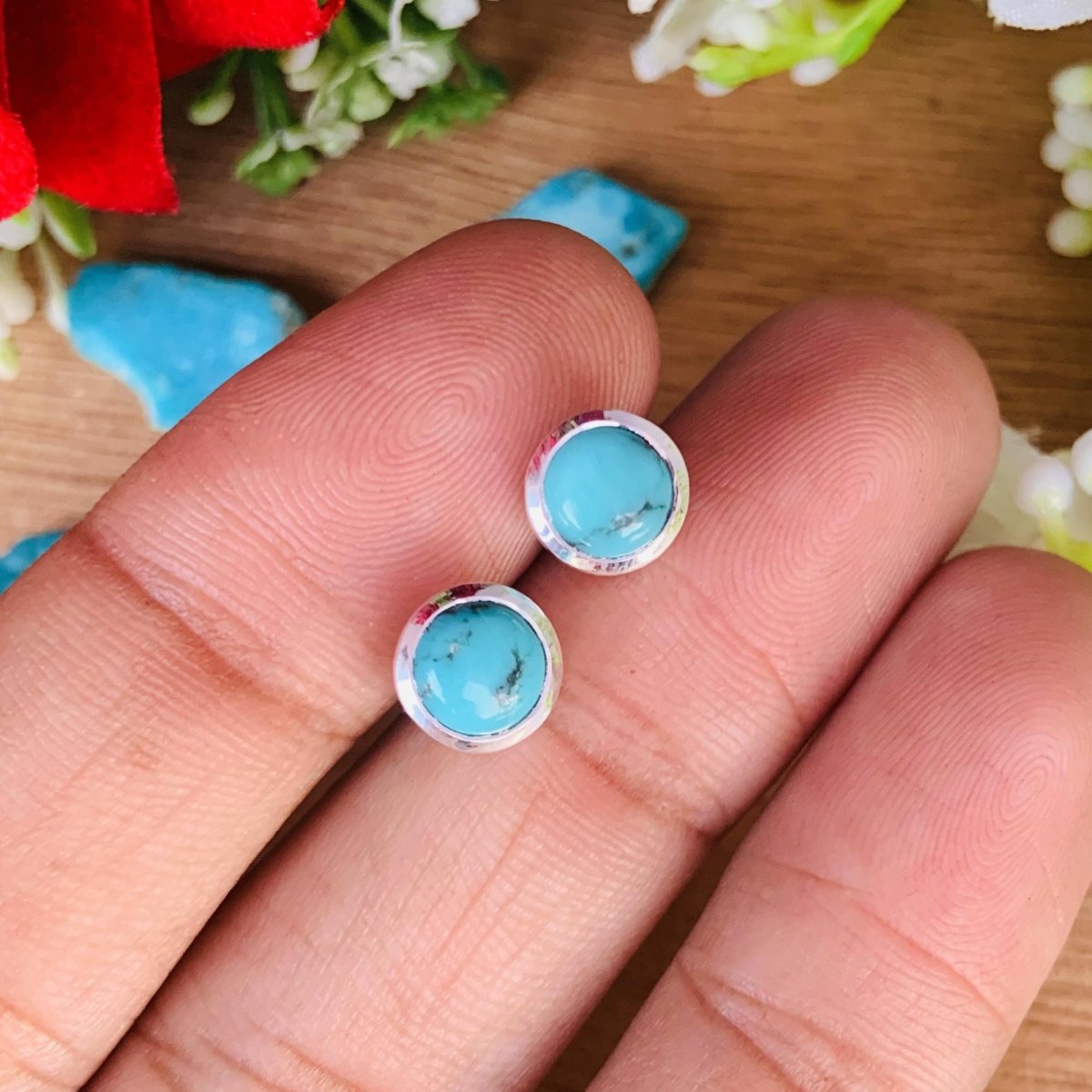 Blue Turquoise Round Stud Earrings in 925 Sterling Silver Dainty Jewelry - BeadsBoatInc