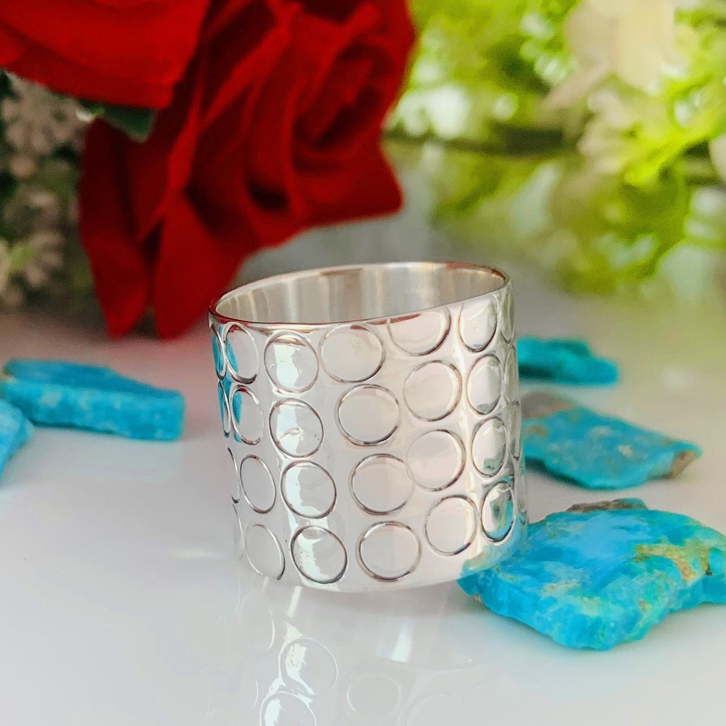 Boho Chakra Silver Band Ring – 17mm Wide Statement Ring - BeadsBoatInc