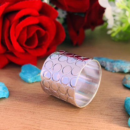 Boho Chakra Silver Band Ring – 17mm Wide Statement Ring - BeadsBoatInc