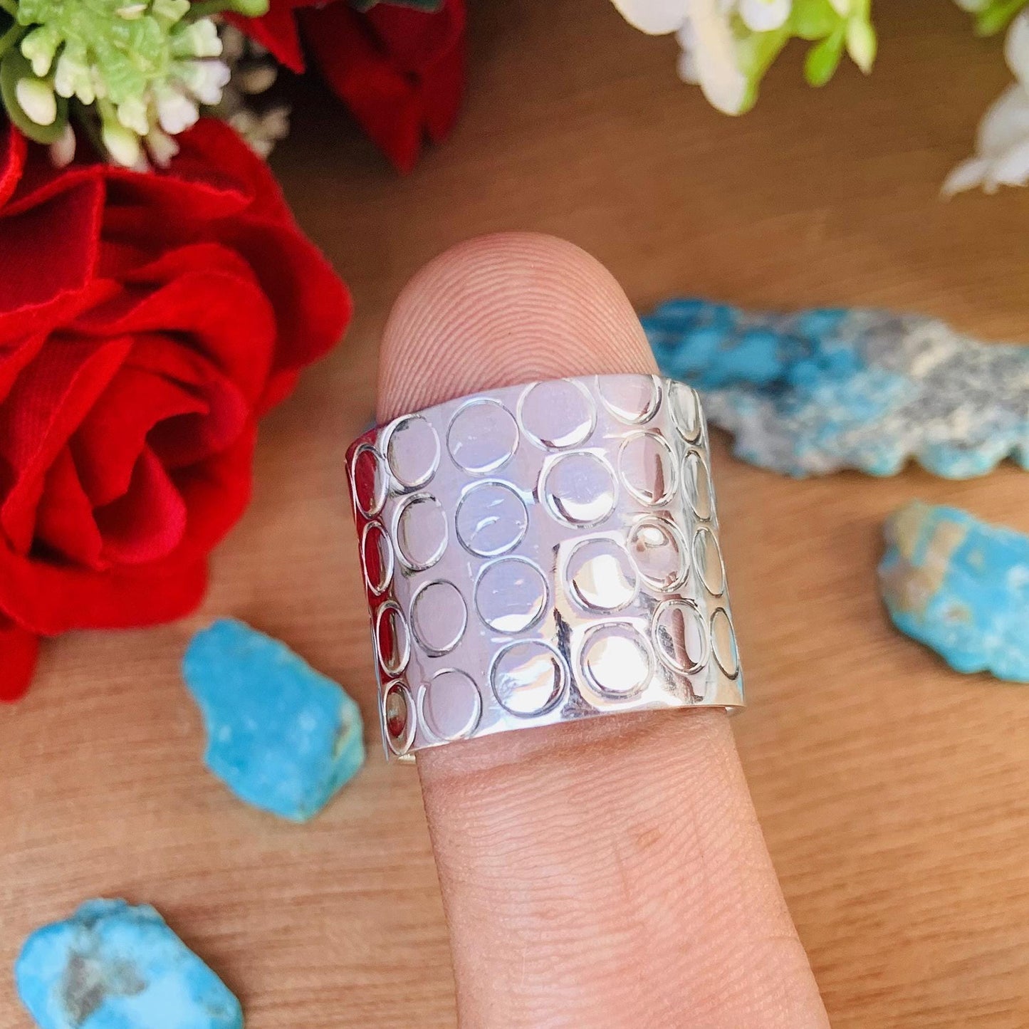 Boho Chakra Silver Band Ring – 17mm Wide Statement Ring - BeadsBoatInc