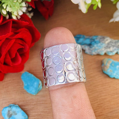 Boho Chakra Silver Band Ring – 17mm Wide Statement Ring - BeadsBoatInc