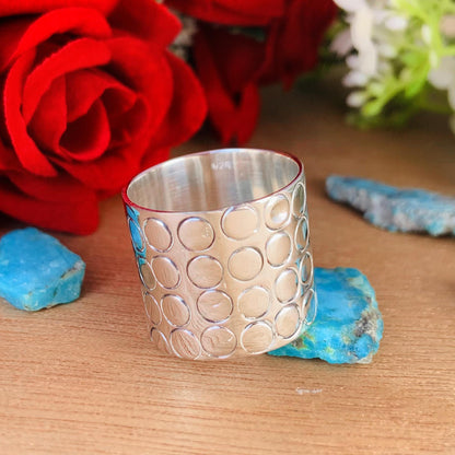 Boho Chakra Silver Band Ring – 17mm Wide Statement Ring - BeadsBoatInc