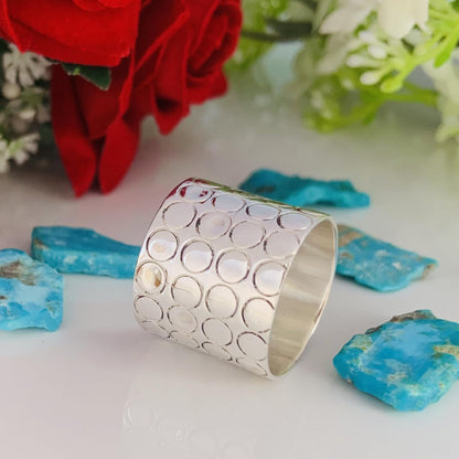 Boho Chakra Silver Band Ring – 17mm Wide Statement Ring - BeadsBoatInc
