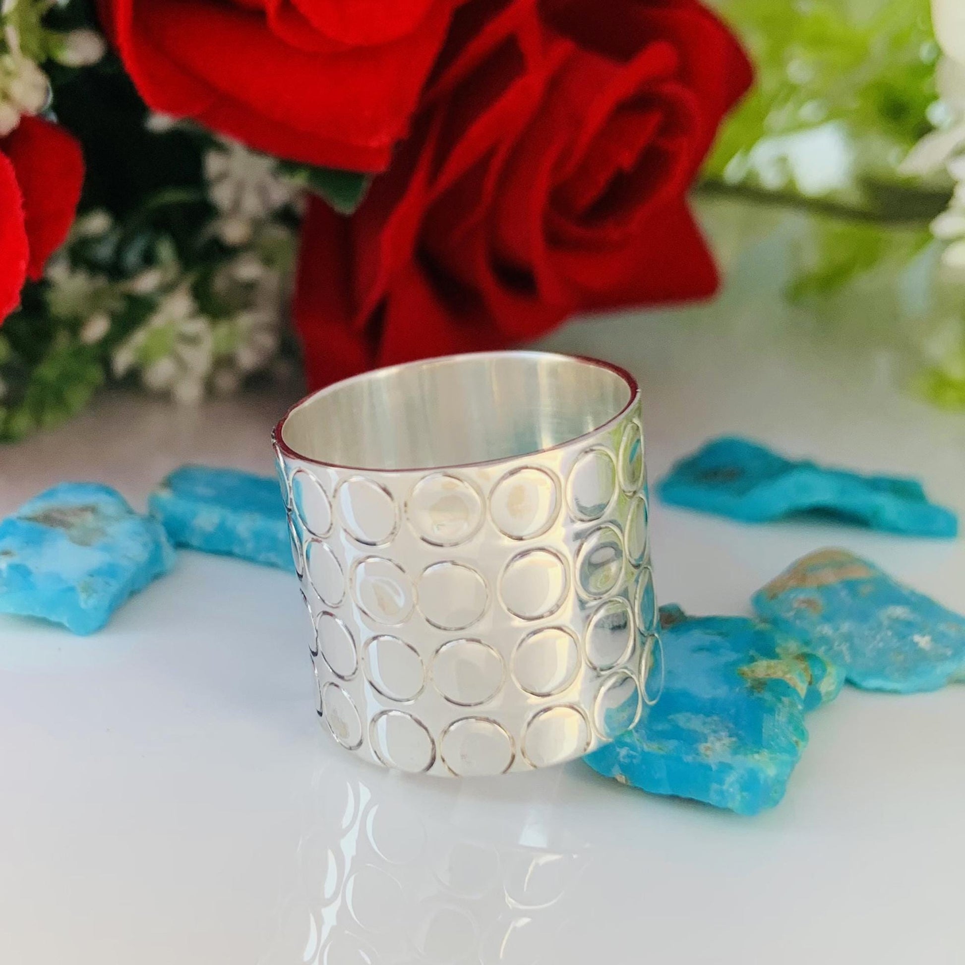 Boho Chakra Silver Band Ring – 17mm Wide Statement Ring - BeadsBoatInc