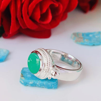 Boho Chrysoprase Statement Ring, Handmade Silver Vermeil Ring - BeadsBoatInc