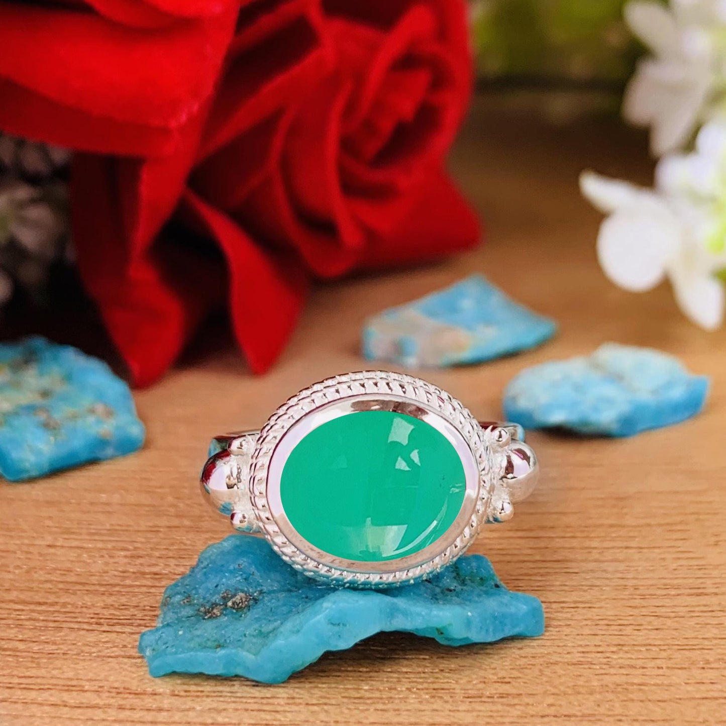 Boho Chrysoprase Statement Ring, Handmade Silver Vermeil Ring - BeadsBoatInc