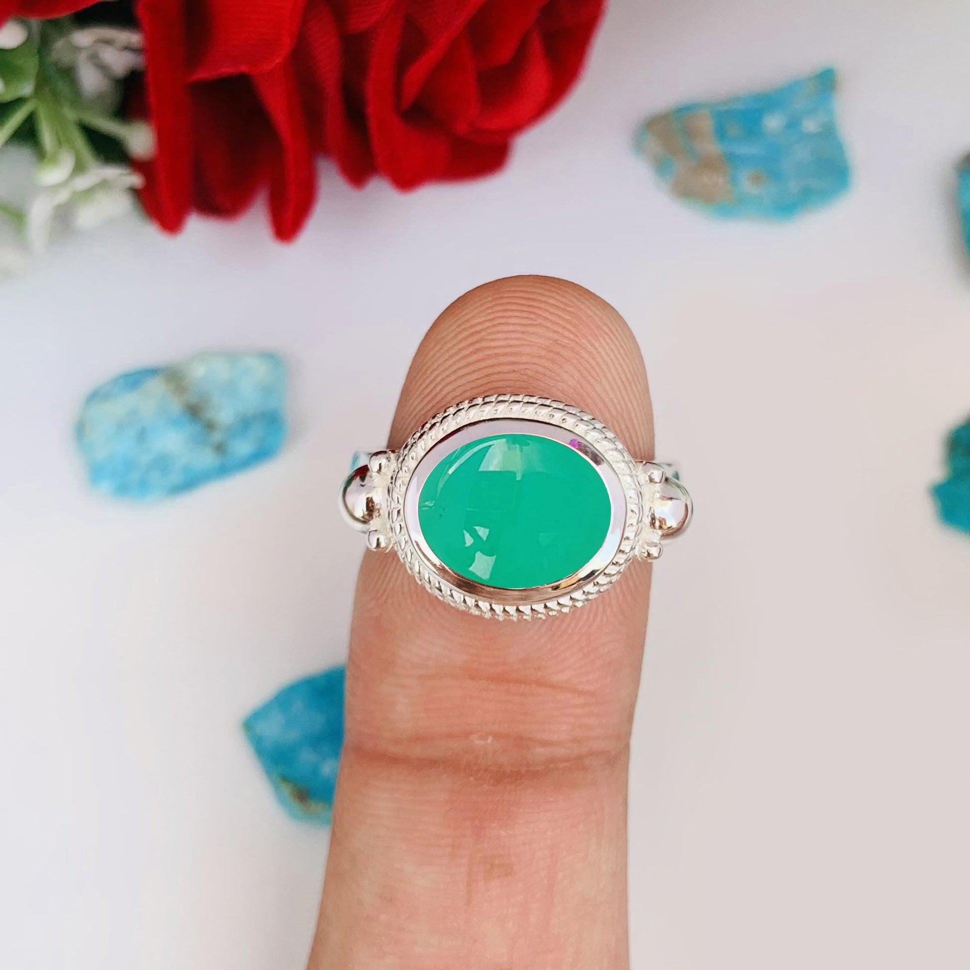 Boho Chrysoprase Statement Ring, Handmade Silver Vermeil Ring - BeadsBoatInc