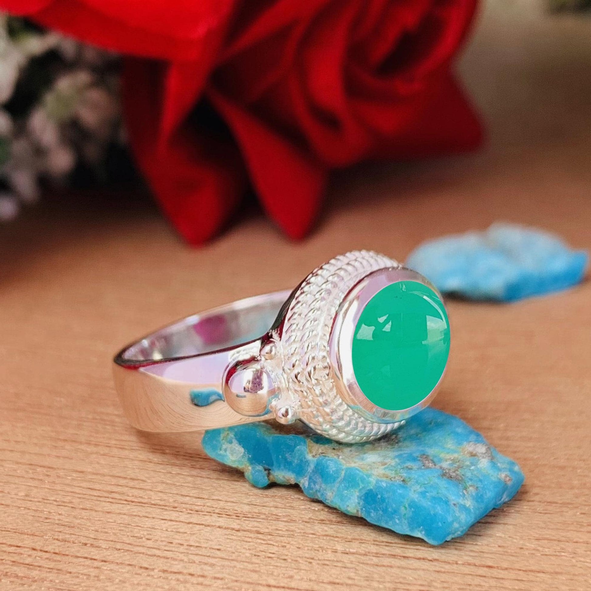 Boho Chrysoprase Statement Ring, Handmade Silver Vermeil Ring - BeadsBoatInc