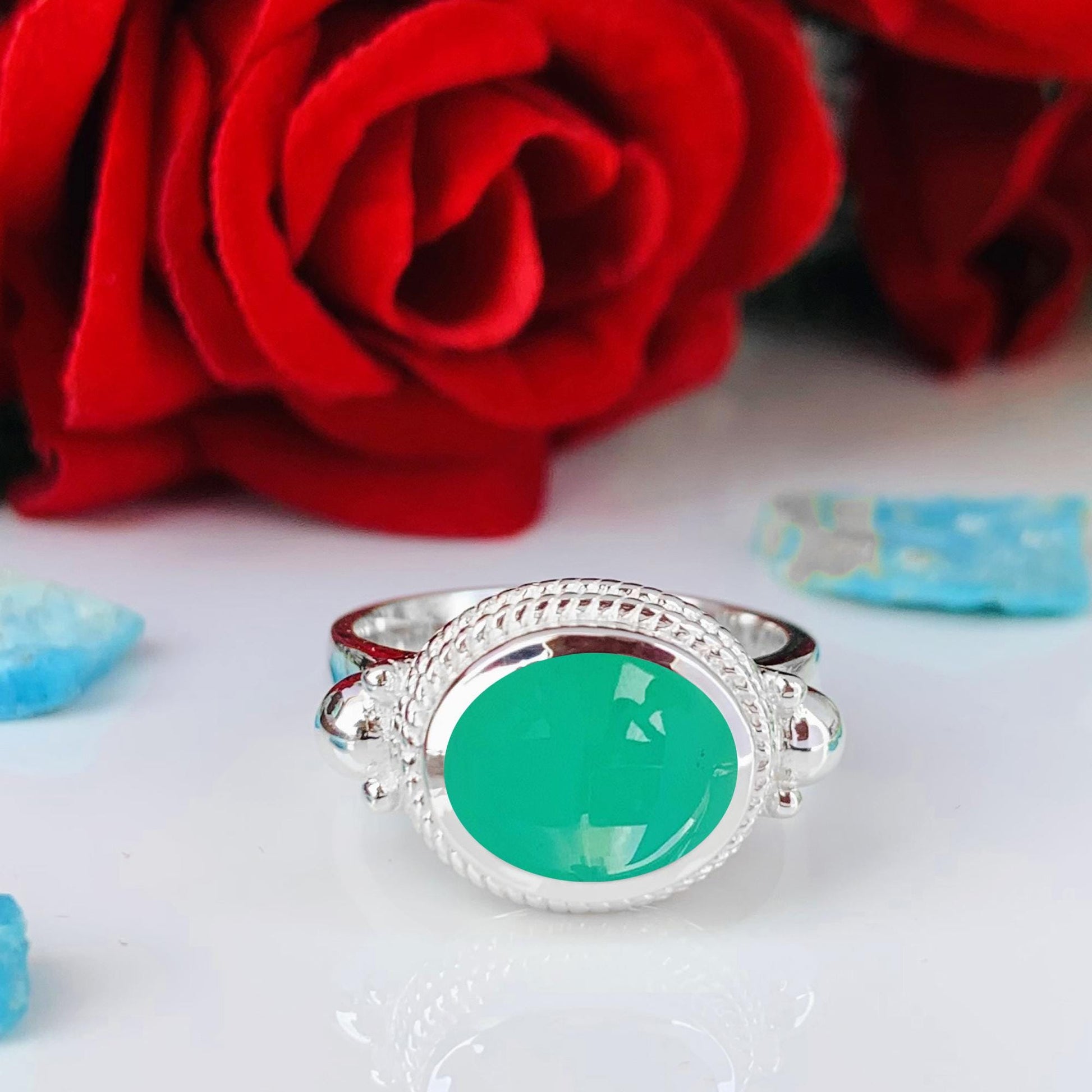 Boho Chrysoprase Statement Ring, Handmade Silver Vermeil Ring - BeadsBoatInc