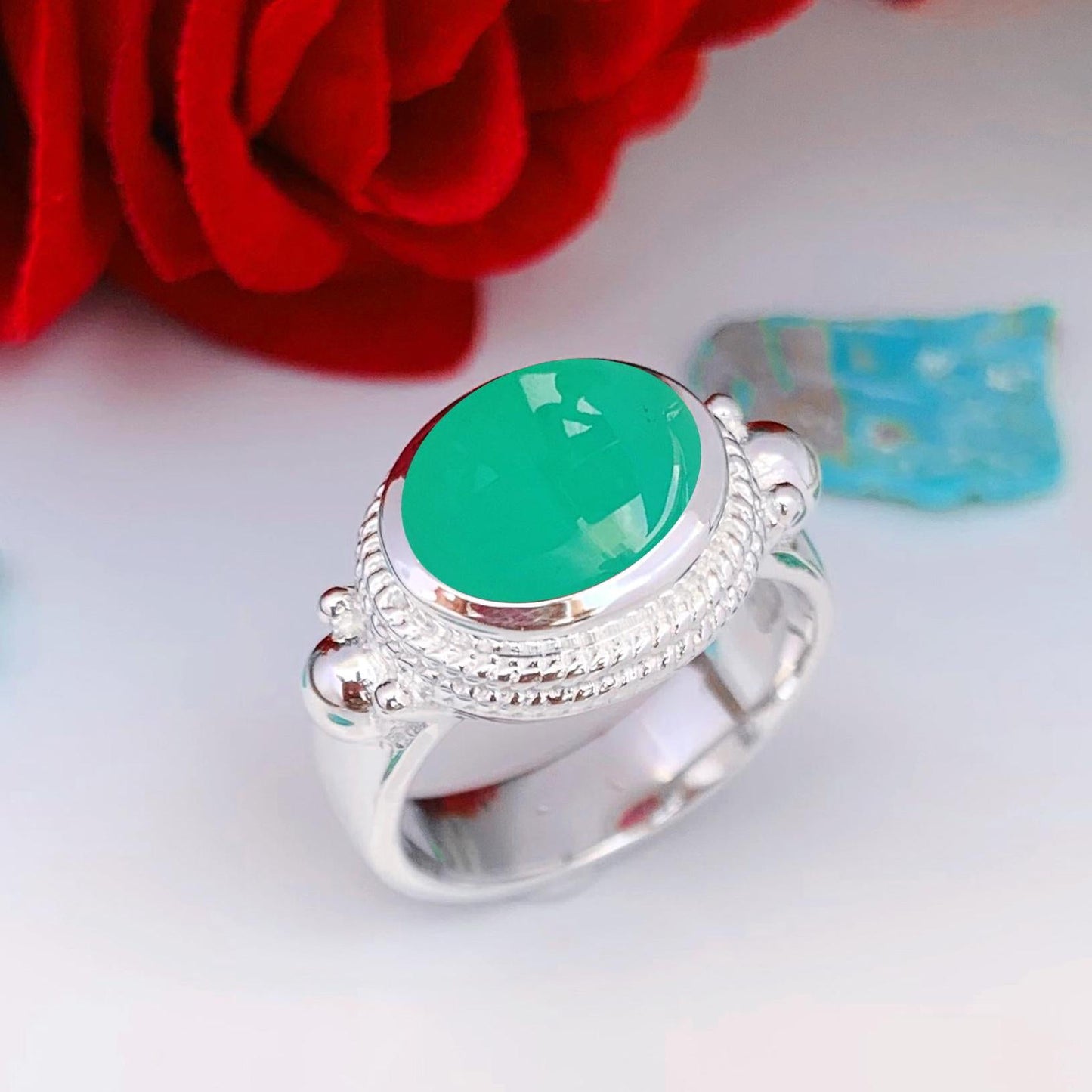 Boho Chrysoprase Statement Ring, Handmade Silver Vermeil Ring - BeadsBoatInc