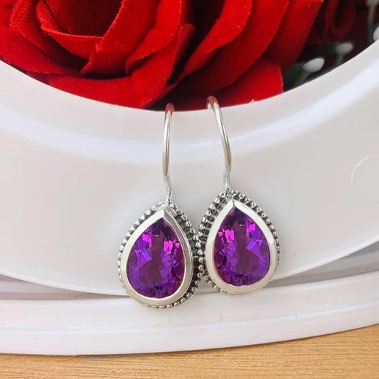 Brazilian Purple Amethyst Peat Cut Dangle Earrings in 925 Sterling Silver - BeadsBoatInc