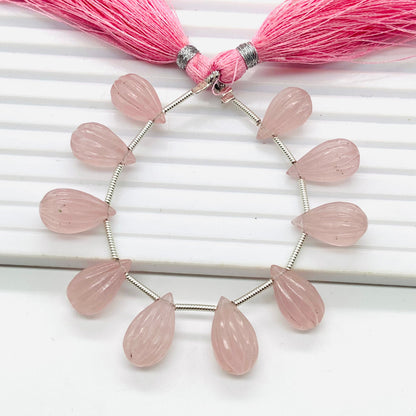 10 Pieces Natural Rose Quartz Carved Drops Briolette Beads Size 14x8mm to 13x8mm Natural Rose Quartz Faceted Gemstone Tear drops for Jewelry