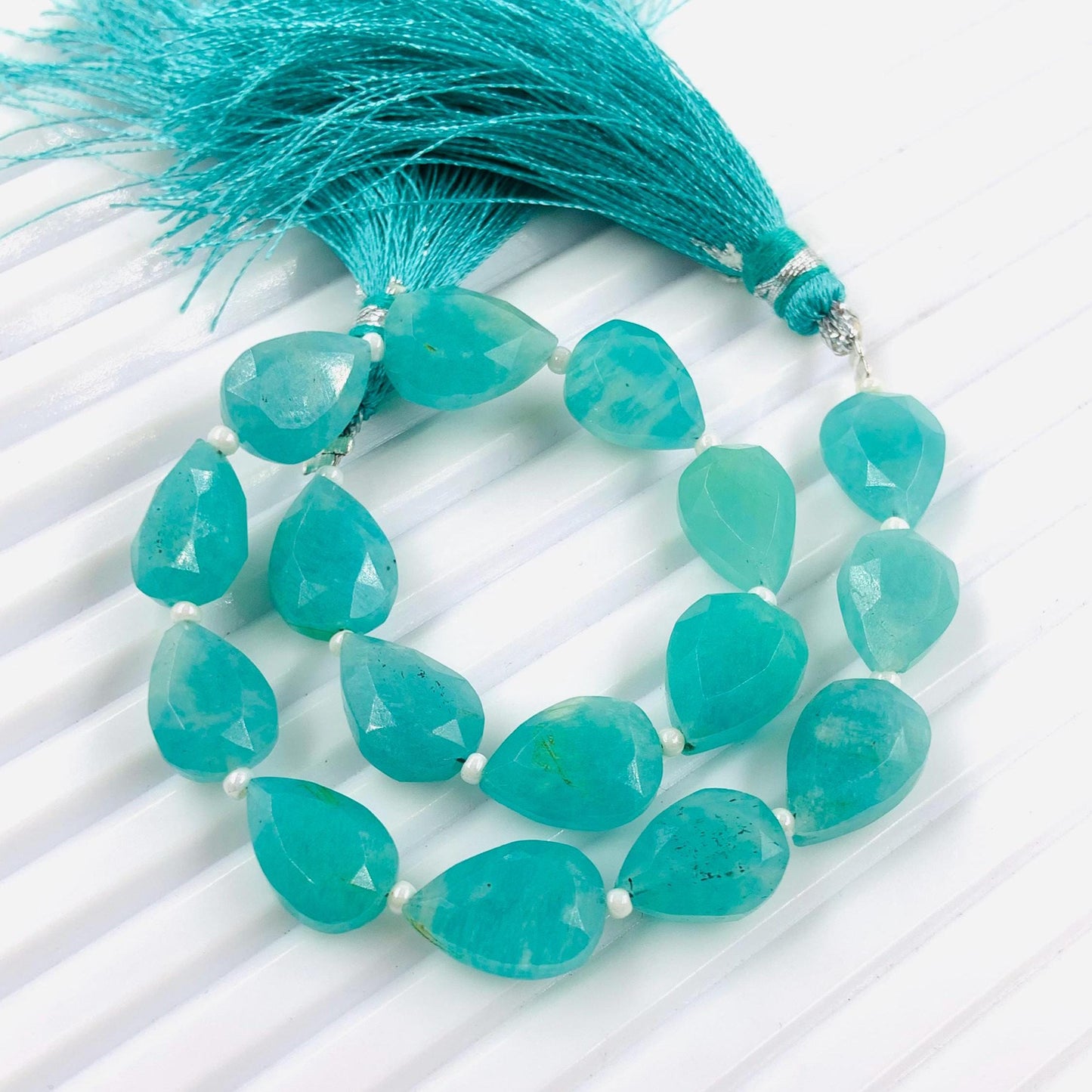 15 Pieces Natural Amazonite faceted Pear Drop Center Drill Briolette Gemstone, Amazonite Pear Drop beads for Jewelry, 8 Inch Size 9x12mm
