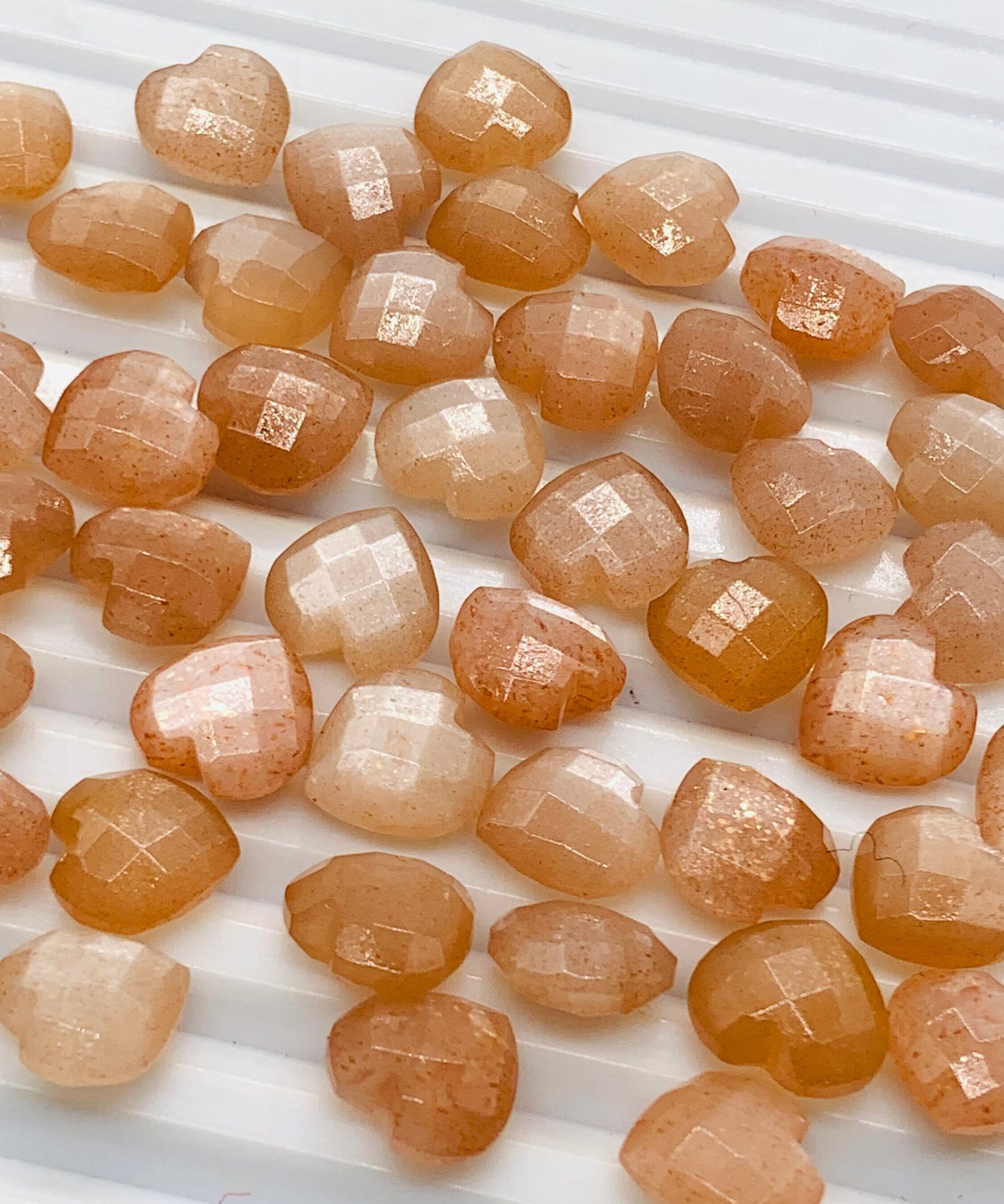 Premium Peach Moonstone Faceted Carved Heart Shape Loose Gemstone Beads, Carved Heart Shape Gemstone Briolette Gemstone Beads For Women 10mm