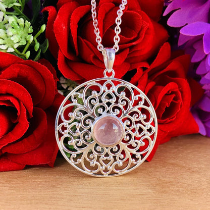 Ornate Pastel Pink Rose Quartz Filigree Silver Necklace