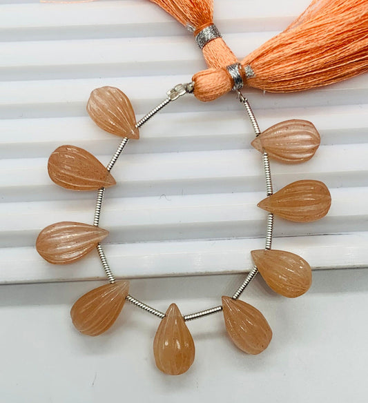10 Pieces Natural Peach moonstone Carved Drops Briolette Beads 14x8mm to 13x8mm Natural Peach moonstone Faceted Gemstone Tear drops jewelry