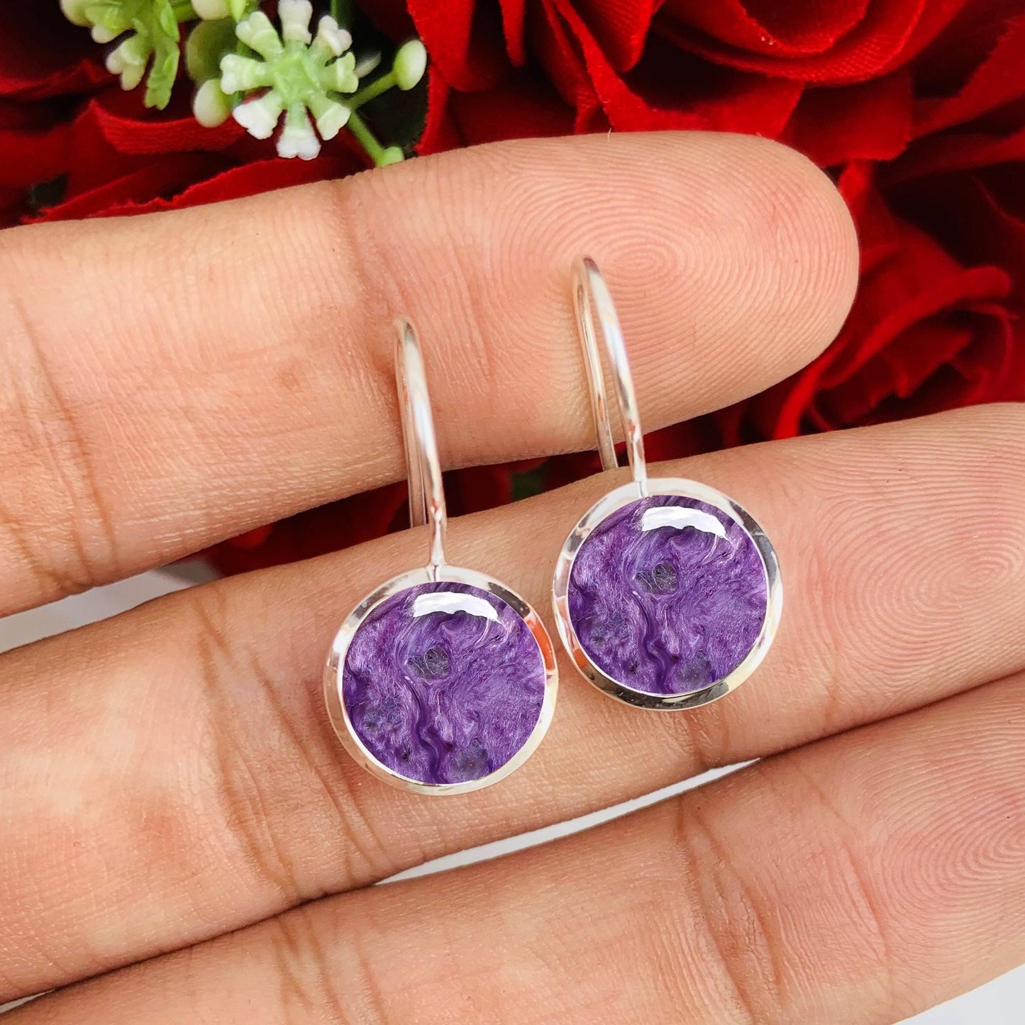 Natural Charoite Silver Earrings ~ Charoite Stone of Attraction ~ Round purple Stone ~ Gift For Mom ~ Birthday Gift ~  E-0013