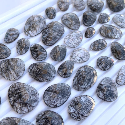 10 Pieces Natural Black Rutile Rose Cut Slices Cabochon Faceted Rose Cut Flat Back Cabochons, Rose Cut Loose Gemstone, Black Rutile Slices