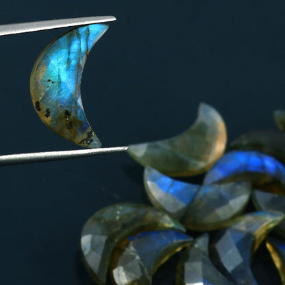 2 Pieces Natural Labradorite Faceted Crescent Moon Shape Loose Gemstone Beads , Natural Blue Flashy Carved Moon Shape Briolette  7mmx16mm