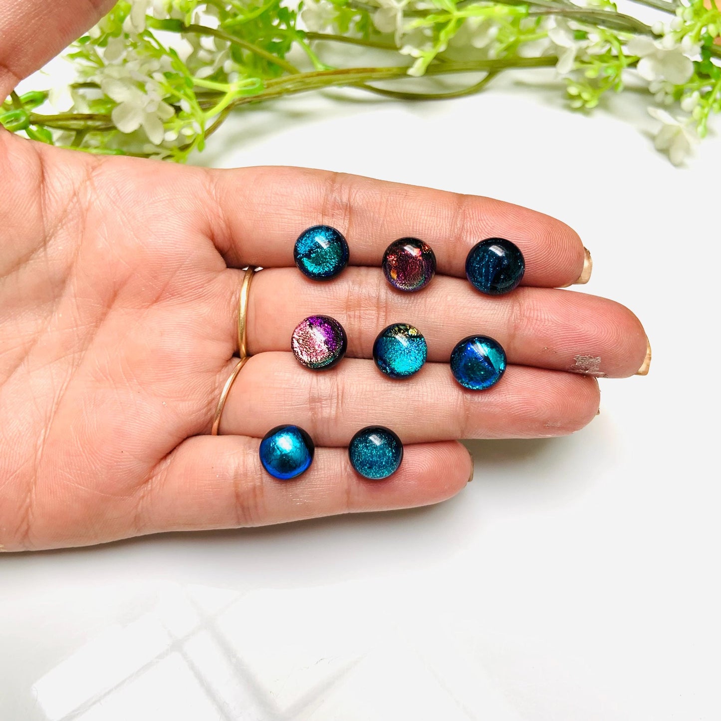 12 Pcs Dichroic Glass Cabochons, Shimmering Rainbow Stones, 10mm