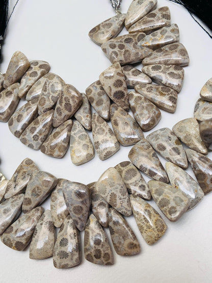 Fossil Coral Briolette Beads – Sail Crown Cut, Side Drilled 4 Inch Strand 8x16-9x18mm