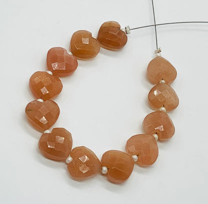 12 Pieces Natural Peach Moonstone Faceted Heart Shape Gemstone, Size 10mm, Hand Carved Briolette Beads, Loose Stone For Jewelry. BBI330