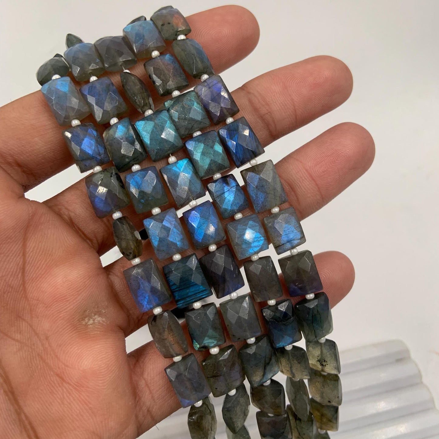 Natural Labradorite Rectangle Beads - Faceted Center Drill Gemstone Strand 8"