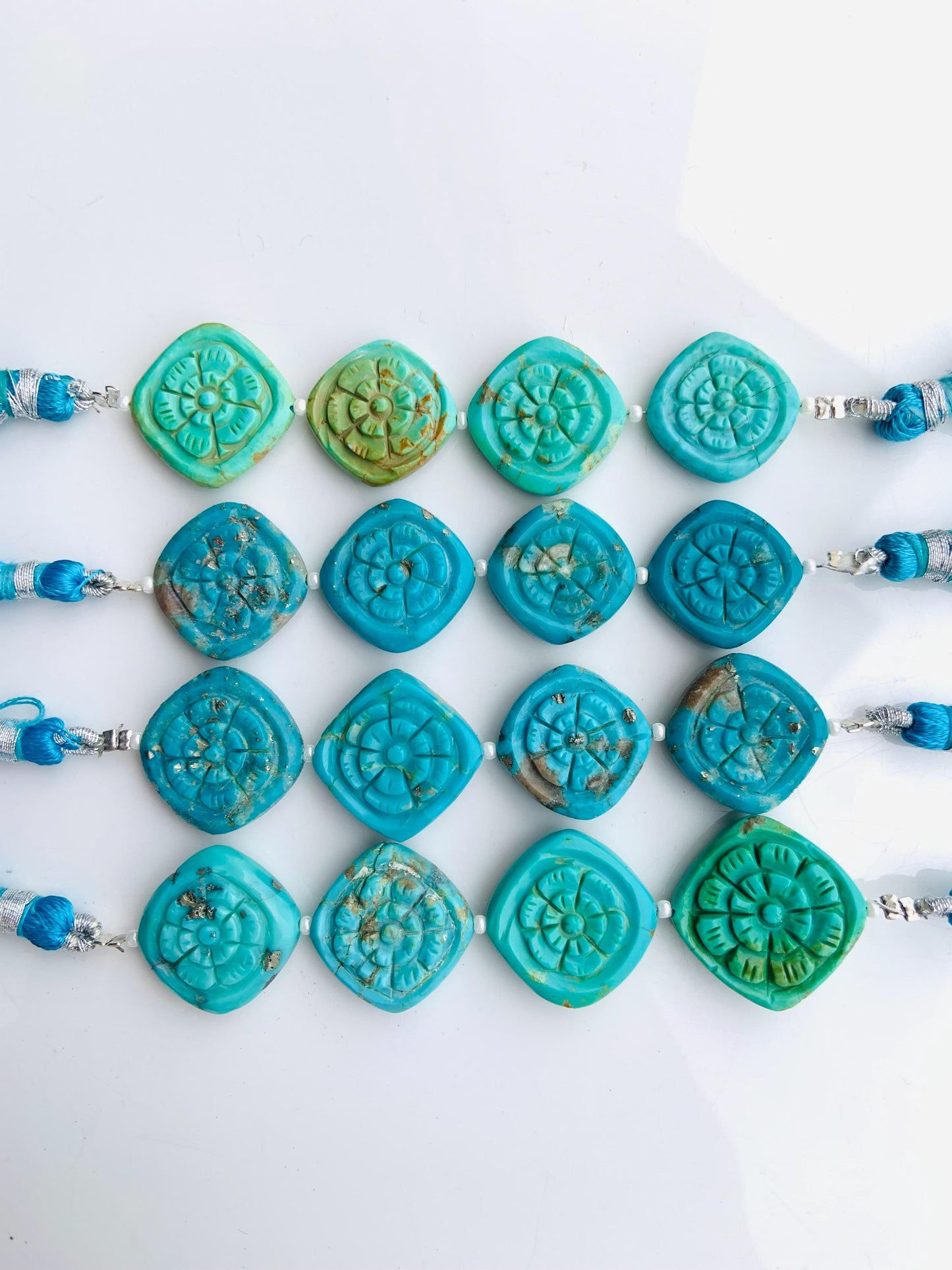 4 Pcs Arizona Turquoise Carved Flower Briolette Beads 17x17mm | Fancy Gemstone Beads