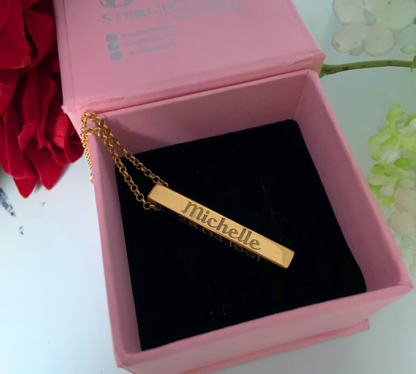 925 Silver Engraved Name Bar Necklace – Silver, Gold & Rose Gold