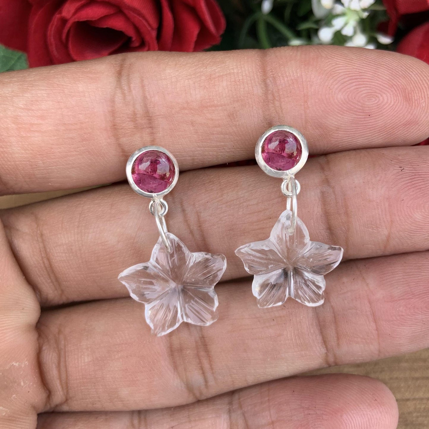 Pink Tourmaline & Carved Quartz Floral Dangle Earrings ~  Handmade Sterling Silver Elegance
