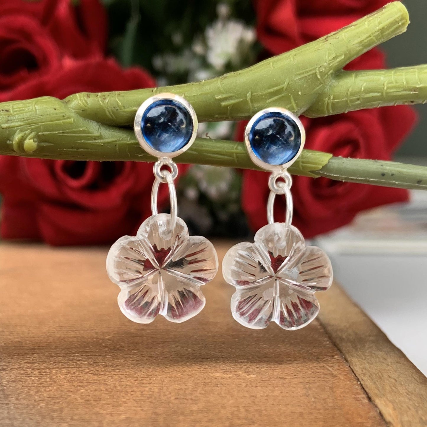 Kyanite & Carved Quartz Floral Dangle Earrings – Sterling Silver Elegance with a Touch of Nature-Inspired Beauty