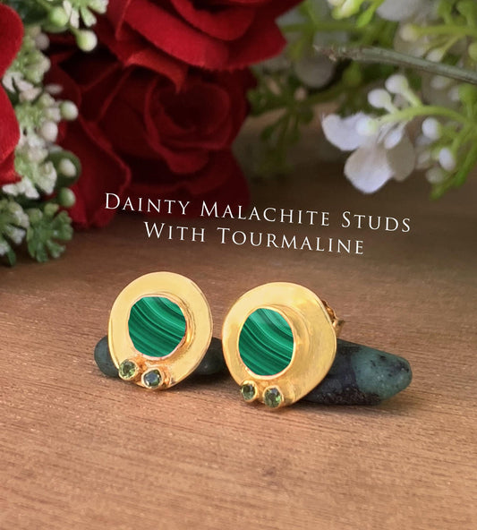 Gold Malachite Stud Earrings ~ Vermeil Gold and Silver Earrings ~ Malachite and Tourmaline ~ Dainty Stud Earrings ~ Handmade Jewelry ~ E-059