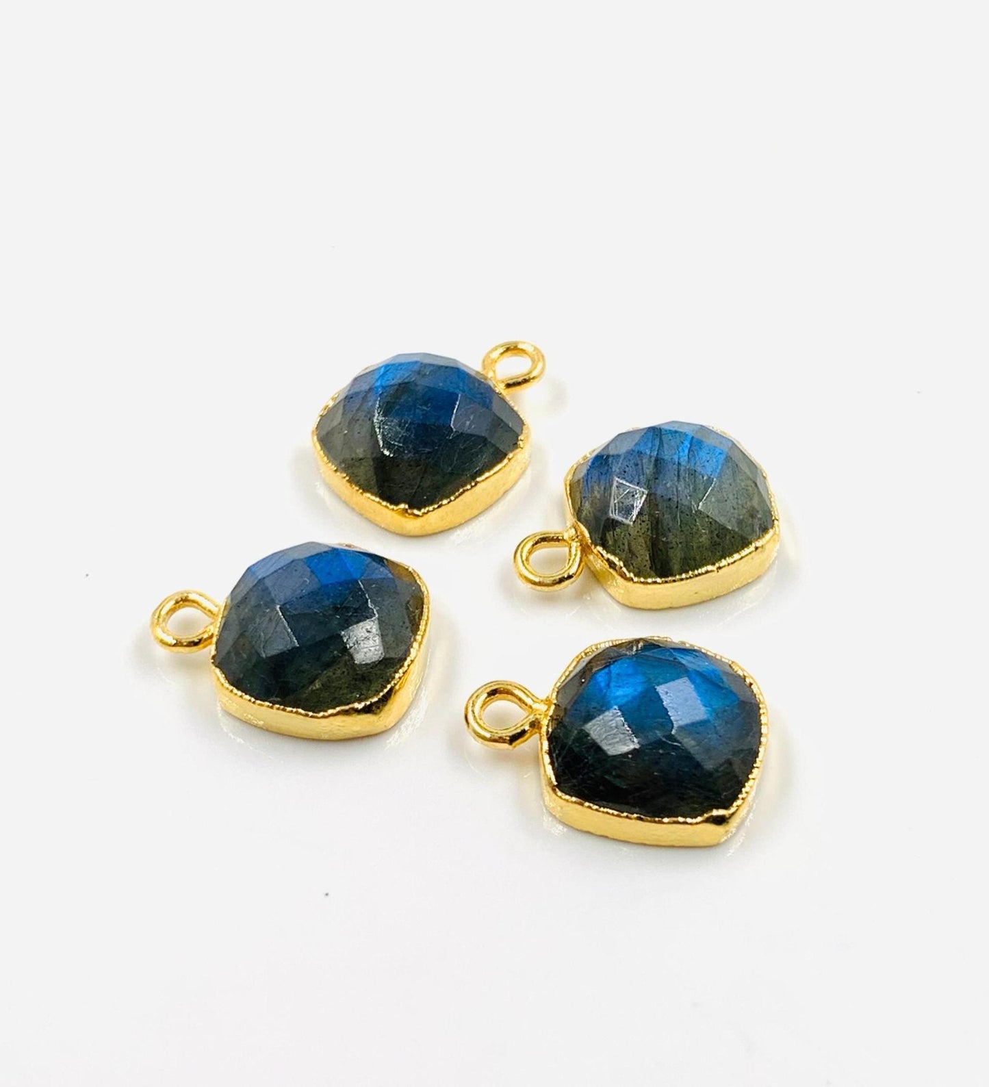 4 Pieces Natural Blue Flashy Labradorite Faceted Square Shape Gemstone Gold Bezel Connector Jewelry Making Size 10mm Connectors for pendent