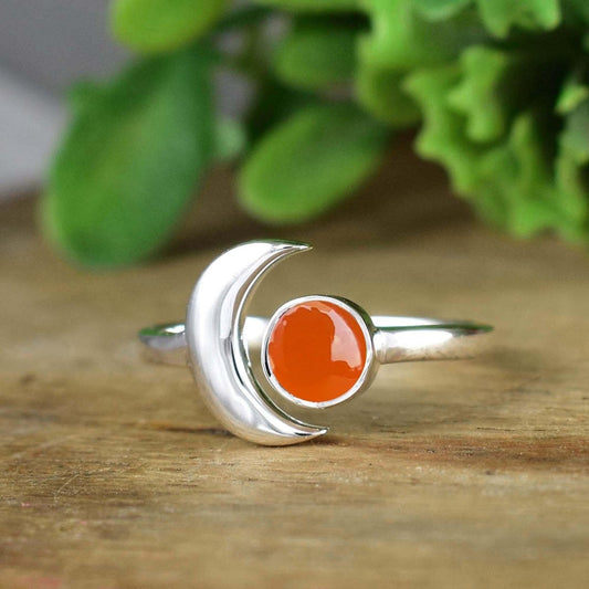 Carnelian Crescent Moon Ring – Adjustable 925 Silver - BeadsBoatInc
