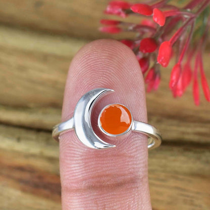 Carnelian Crescent Moon Ring – Adjustable 925 Silver - BeadsBoatInc
