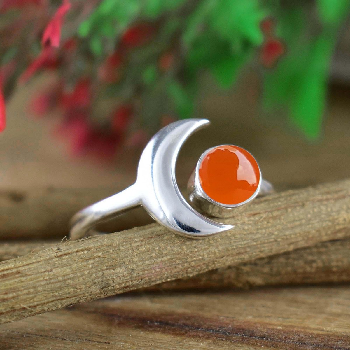 Carnelian Crescent Moon Ring – Adjustable 925 Silver - BeadsBoatInc