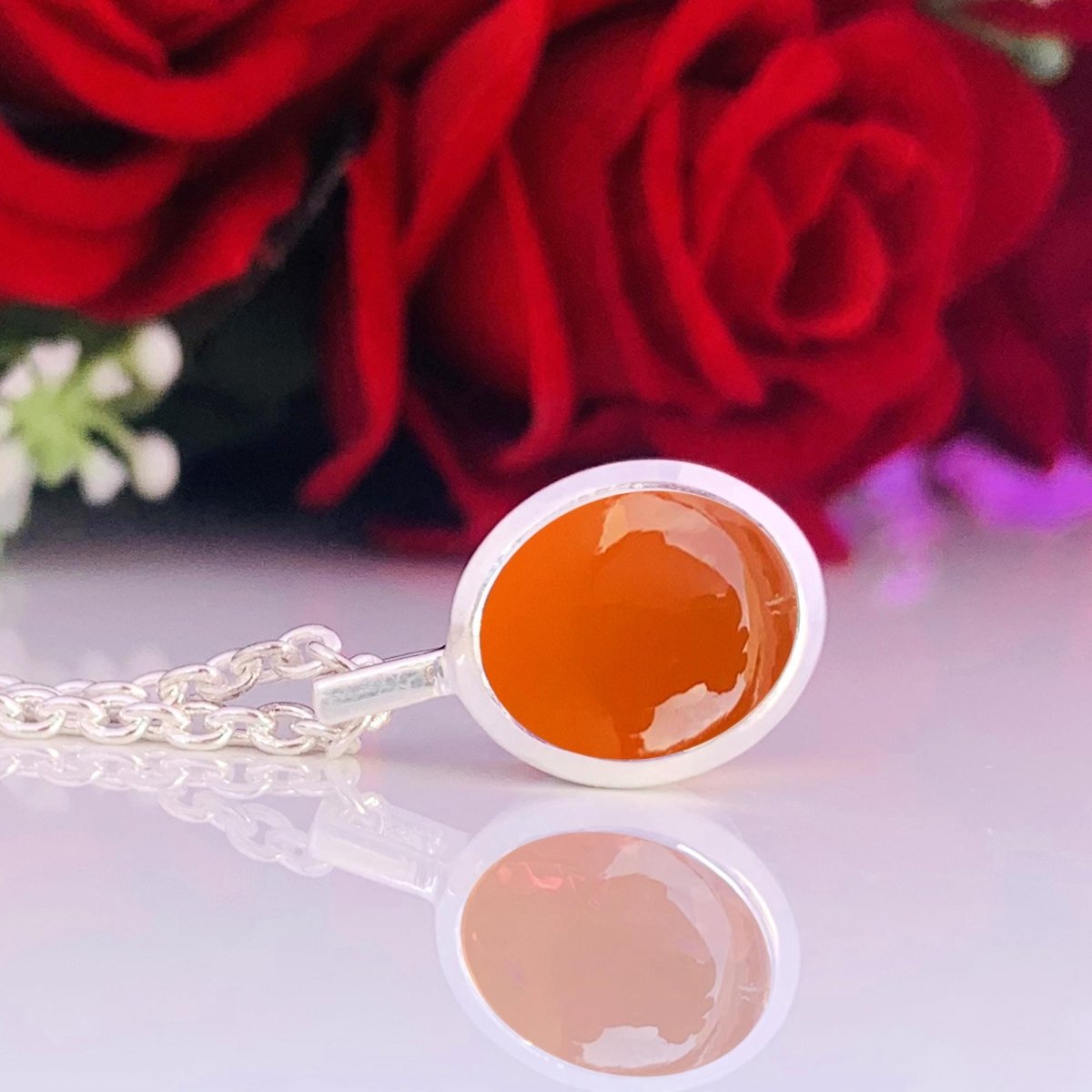 Carnelian Necklace ~ Dainty Silver Necklace ~ Vermeil Gold Necklace ~ Gift For Her ~ Orange Color Oval Shape ~ Carnelian Pendant ~ P - 0025 - BeadsBoatInc