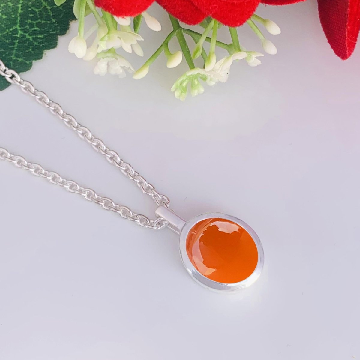 Carnelian Necklace ~ Dainty Silver Necklace ~ Vermeil Gold Necklace ~ Gift For Her ~ Orange Color Oval Shape ~ Carnelian Pendant ~ P - 0025 - BeadsBoatInc