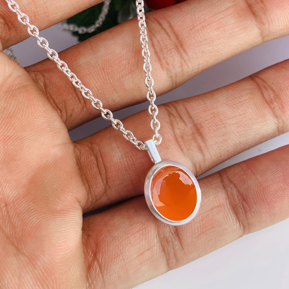 Carnelian Necklace ~ Dainty Silver Necklace ~ Vermeil Gold Necklace ~ Gift For Her ~ Orange Color Oval Shape ~ Carnelian Pendant ~ P - 0025 - BeadsBoatInc