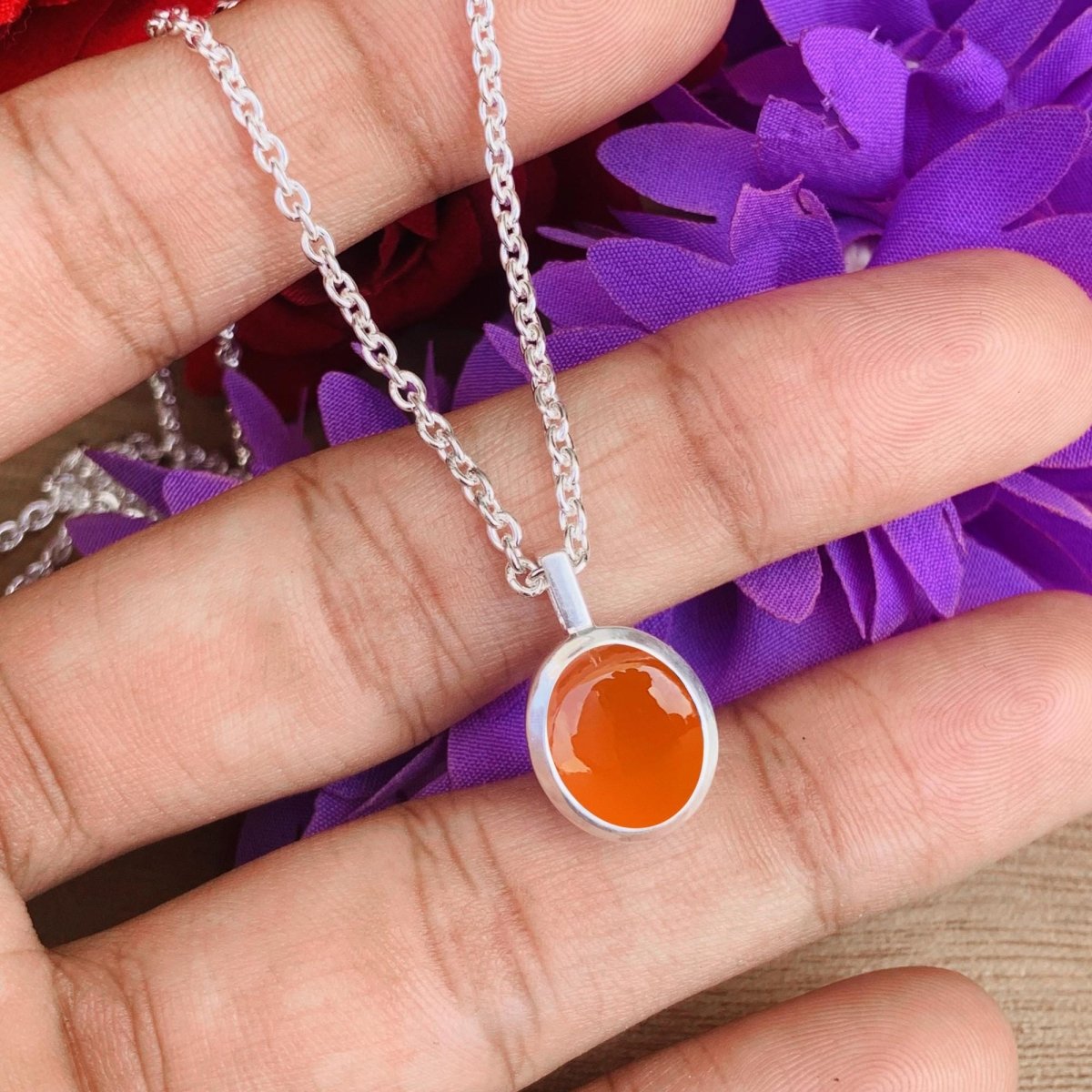 Carnelian Necklace ~ Dainty Silver Necklace ~ Vermeil Gold Necklace ~ Gift For Her ~ Orange Color Oval Shape ~ Carnelian Pendant ~ P - 0025 - BeadsBoatInc