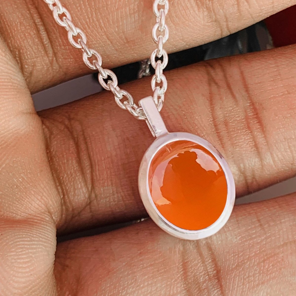 Carnelian Necklace ~ Dainty Silver Necklace ~ Vermeil Gold Necklace ~ Gift For Her ~ Orange Color Oval Shape ~ Carnelian Pendant ~ P - 0025 - BeadsBoatInc