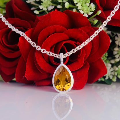 Natural Citrine 925 Silver Dainty Necklace - Pear Shape Minimalist Pendant