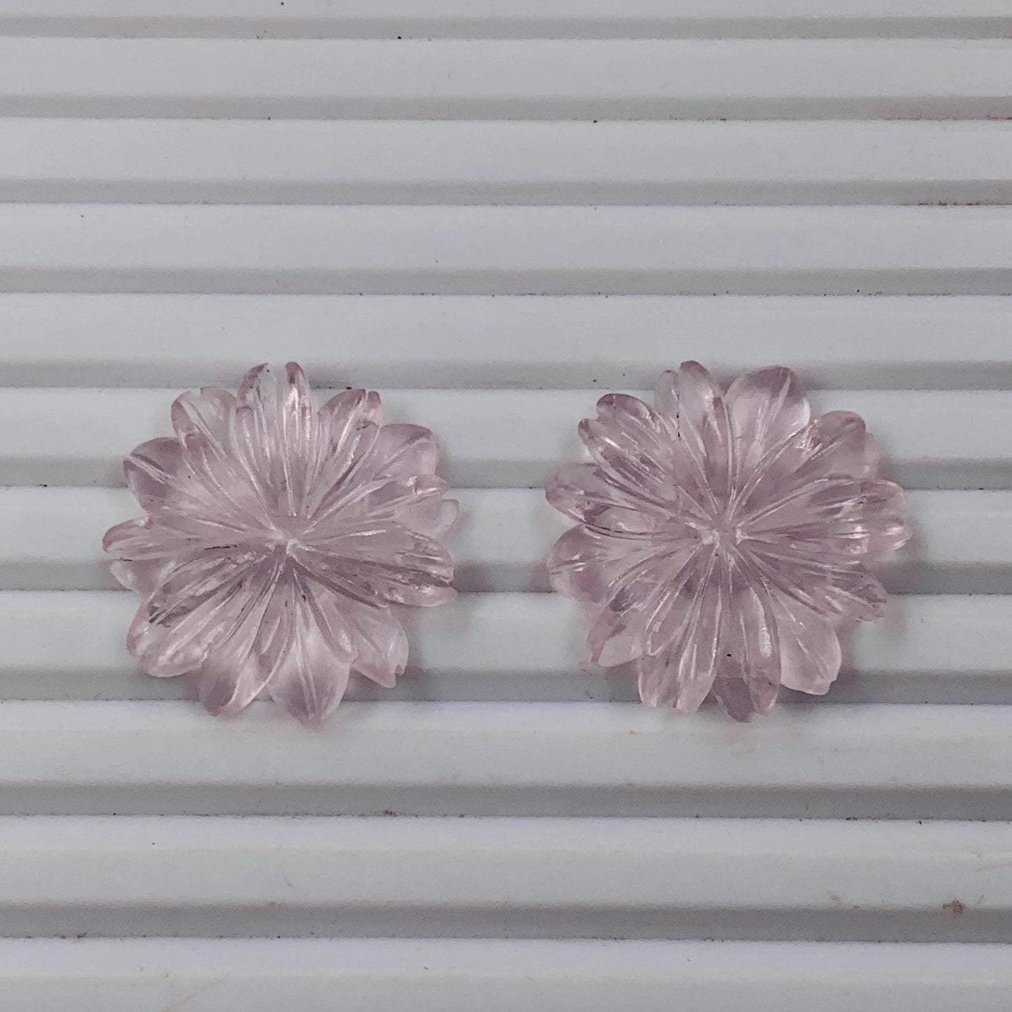 1 Pair Natural Rose Quartz Hand Carved Flower Shape Briolette Beads, Carved Flower shape jewelry making Pair Gemstone Size -24x24X4mm