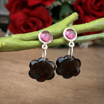Elegant Smoky Quartz & Pink Tourmaline Floral Dangle Earrings ~ Sterling Silver Handmade Gemstone Jewelry for a Sophisticated Look