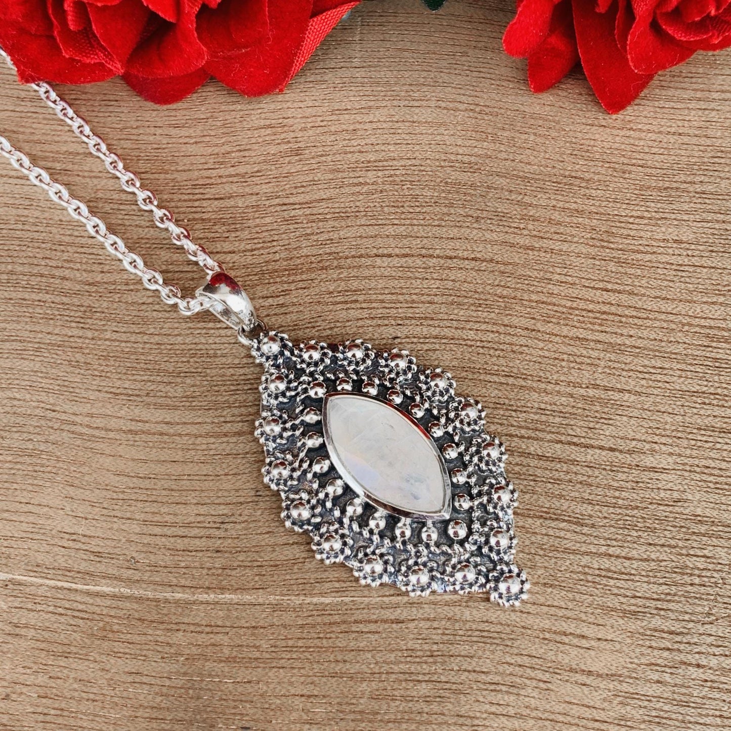 Rainbow moonstone Boho Silver Jewelry ~ Handmade Designer Jewelry ~ Ornate Style Silver Pendant ~ Gift For Her ~ P-0021