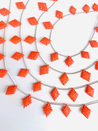Red Coral Slot Carved Fancy Lozenge Briolette Beads