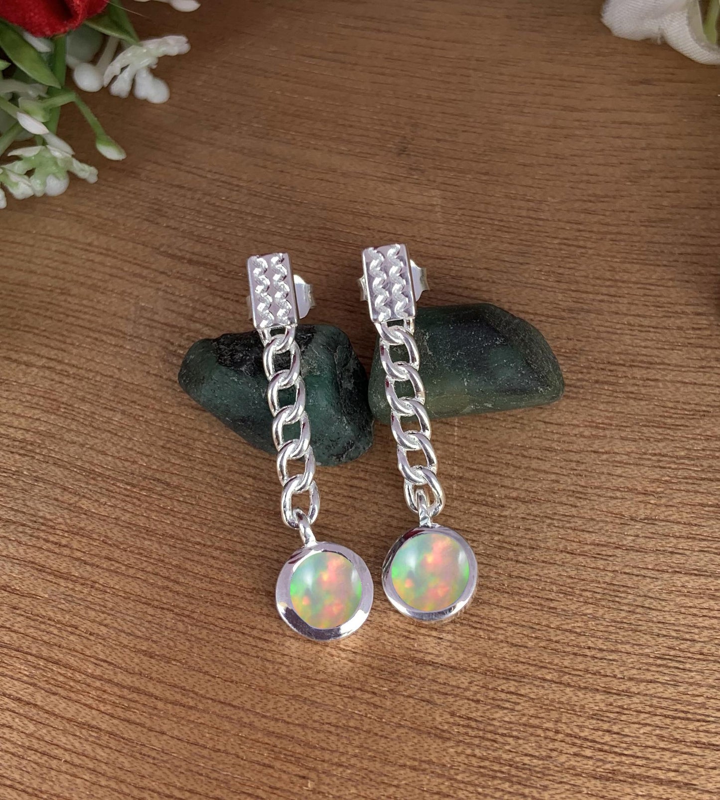 Ethiopian Opal Minimalist Dangle Earrings - Gold Plated 925 Sterling Silver Jewelry